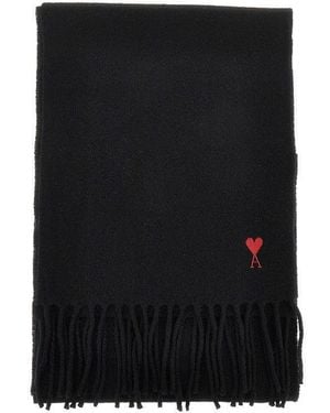 Ami Paris De Coeur Embroidery Wool Scarf - Black