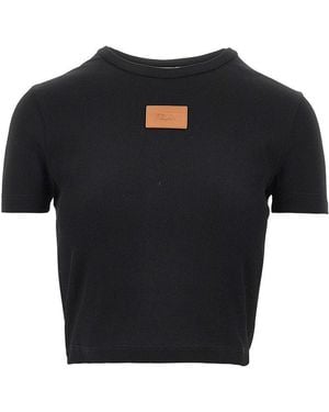 Fendi Cropped T-Shirt With Leather Logo Patch - Black