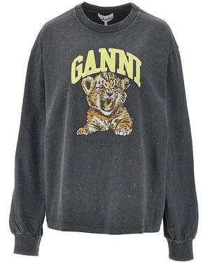 Ganni Cotton T-Shirt With 'Tiger' Print - Grey