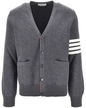 Thom Browne Cotton Cardigan With 4 Bar Detail - Grey