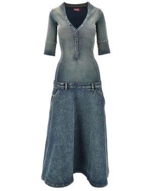 DIESEL Denim And Ribbed Knit Low-Rise Midi Dress - Blue