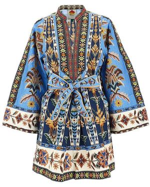 blue superbloom tapestry organic cotton mini dress Bloom Tapestry Black Long Sleeves Mini Dress by Farm Rio  Mimi Seabrook