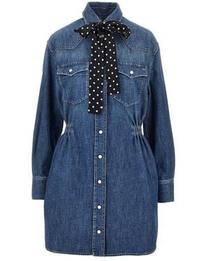 Valentino Denim Mini Dress With Silk Bow - Blue