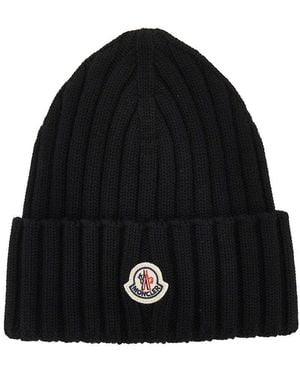 Moncler Wool Beanie Hat With Logo Patch - Black