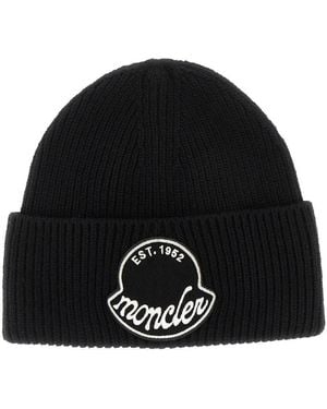 Moncler Logo Patch Beanie Hat - Black