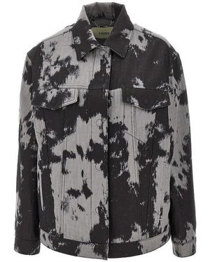 Fendi Ff Denim Jacket With Frosted Fauna Motif - Black