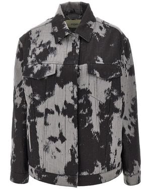 Fendi Ff Denim Jacket With Frosted Fauna Motif - Black