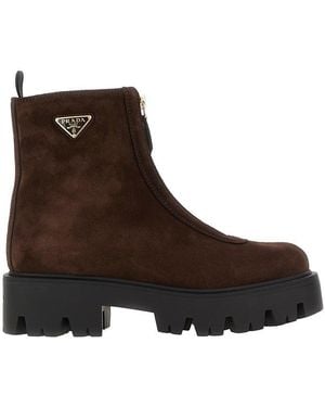 Prada Suede Leather Zip-Up Ankle Boots - Brown