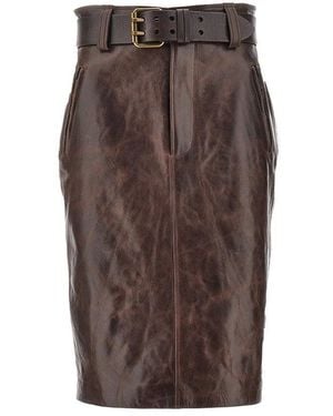 Saint Laurent Leather Pencil Skirt With Belt - Brown