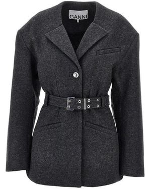 Ganni Wool-Blend Jacket With Belt - Black
