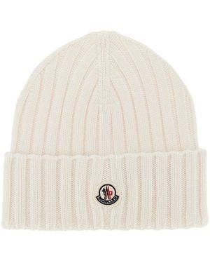Moncler Wool Beanie Hat With Logo Patch - Natural