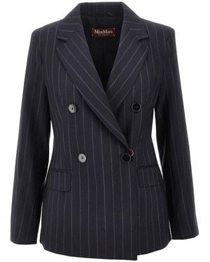Max Mara Pinstriped Wool Double-Breasted Jacket - Blue