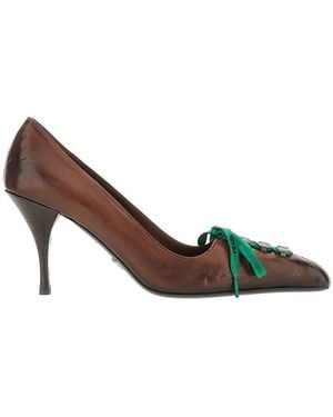 Prada Old-Effect Leather Laced Pumps - Brown