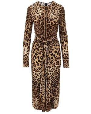 Dolce & Gabbana Viscose Midi Dress With Leo Print - Brown