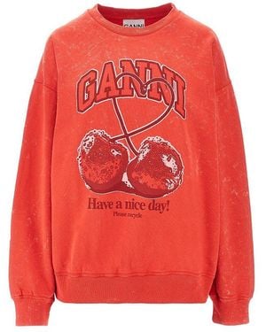 Ganni Cotton Sweatshirt With 'Cherry' Print - Red
