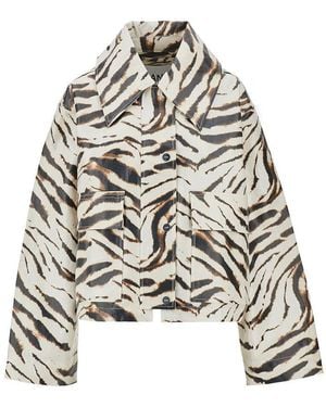 Ganni Coated Fabric Jacket With Zebra-Striped Print - Grey