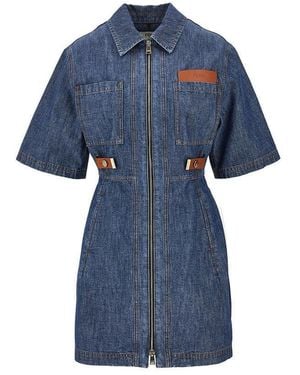 Fendi Chambray Mini Dress With Leather Details - Blue