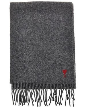 Ami Paris De Coeur Embroidery Wool Scarf - Grey