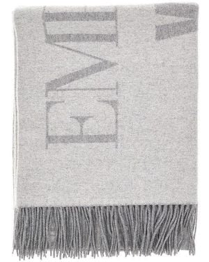 Emporio Armani Jacquard Wool Scarf With Logo - Grey