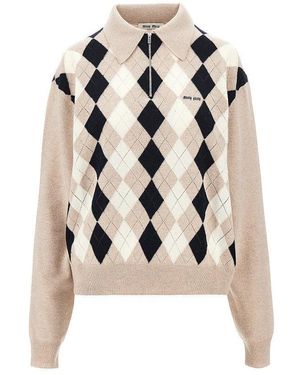 Miu Miu Argyle Cashmere Polo Jumper - White