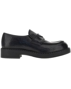 Prada Hammered Leather Loafers With Triangle Logo - Black