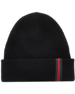 Gucci Wool Beanie Hat With Web Detail - Black