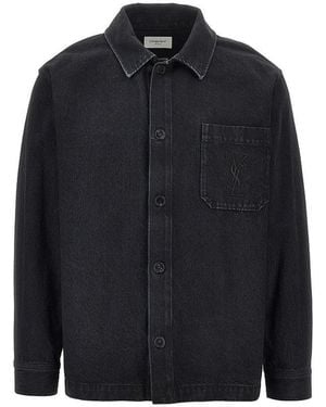 Saint Laurent Denim Overshirt With Cassandre Embroidery - Black