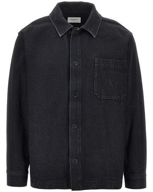 Saint Laurent Denim Overshirt With Cassandre Embroidery - Black