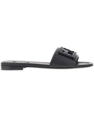 Fendi 'Baguette' Grained Leather Slides - Black