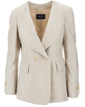 Emporio Armani Icon Laminated Viscose Double-Breasted Jacket - Natural