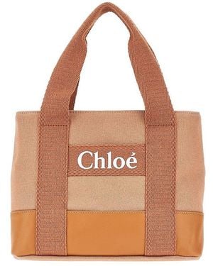 Chloé Cotton Tote Bag With Leather Details Kids - Brown