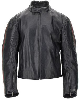 Gucci Leather Biker Jacket With Web Details - Grey