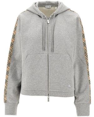 Burberry Full-Zip Hoodie With Check Details - Grey