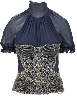 The Attico Silk Georgette Top With Beads - Blue