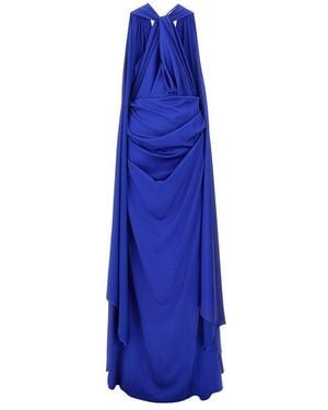 Talbot Runhof Satin Long Dress With Integrated Cape - Blue