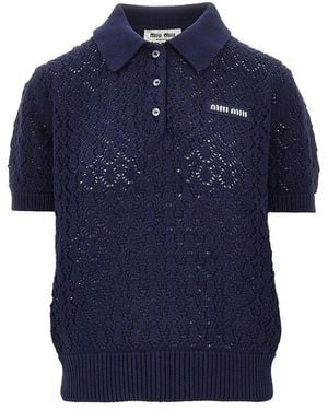 Miu Miu Lace Effect Openworked Cotton Polo Shirt - Blue