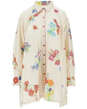 Péro Printed Silk Oversized Shirt - White
