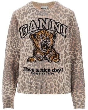 Ganni Wool-Blend Sweater With Leopard Motif - Gray