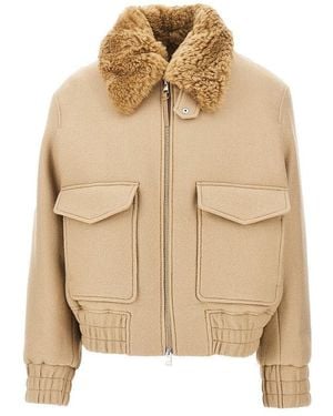 Ami Paris Wool Bomber Jacket With Shearling Collar - Natural