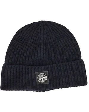 Stone Island Virgin Wool Beanie Hat With Logo Patch - Blue