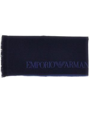 Emporio Armani Jacquard Logo Wool Scarf - Blue