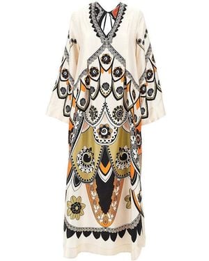 La DoubleJ Printed Silk 'Twin Flame' Long Dress - Metallic
