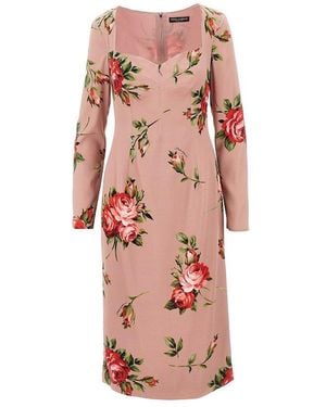Dolce & Gabbana Roses Bouquet Print Silk Dress - Pink