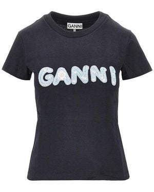 Ganni Cotton T-Shirt With Logo Embroidery - Black