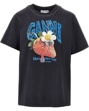 Ganni Cotton T-Shirt With 'Strawberry' Print - Blue