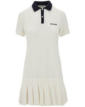 Miu Miu Piquet Mini Dress With Logo Embroidery - White