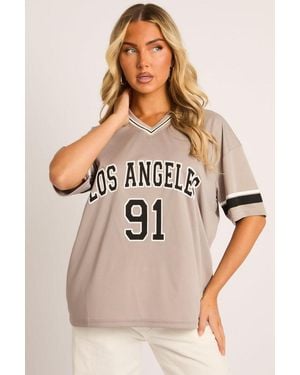 Rebellious Fashion Oversized Varsity Football T-Shirt - Natural
