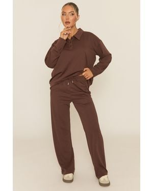 Rebellious Fashion Polo Collared Loungewear Co-Ord Set - Brown