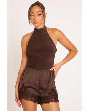 Rebellious Fashion Satin Lace Trim Shorts - Brown