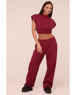 Rebellious Fashion Burgundy Shirring Detail Cropped Top & Straight Leg Trousers Co-Ord Set - Red